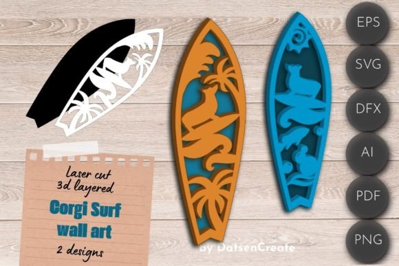 3D Layered SVG Surf Wall Art with Corgi Dog